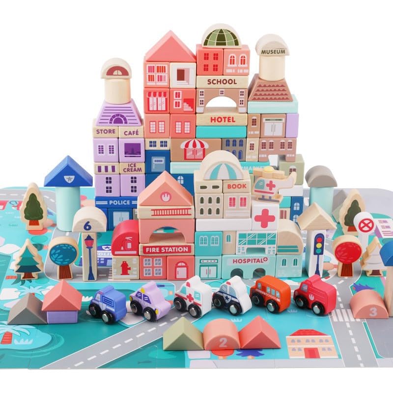 Gracieux Moda Wooden Building Block Set - 115 Pieces | wooden city blocks | wooden city set | wood city stacking toy for kids | Birthday Gift | STEM