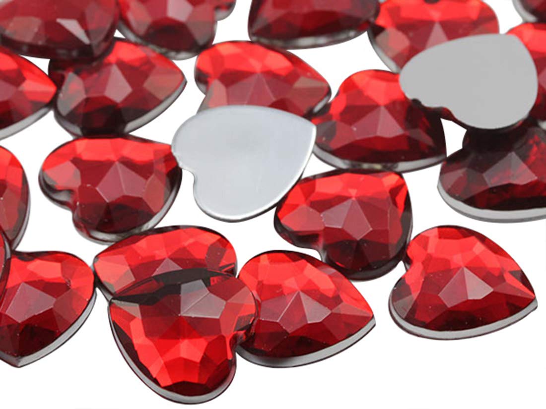 Allstarco 15mm Flat Back Heart Acrylic Rhinestones Plastic Gems Plastic Costume Jewels Embelishments - 40 Pieces (Red Ruby H103)