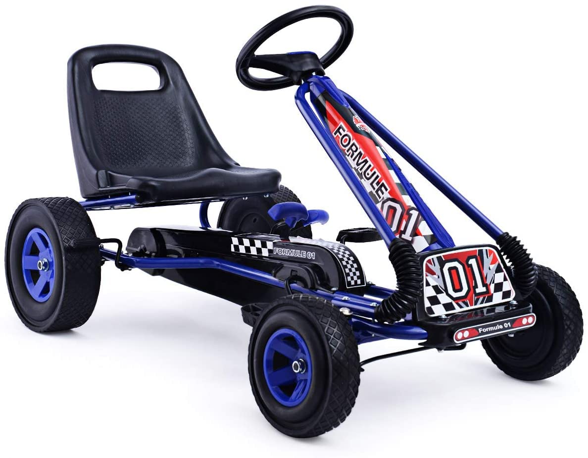 HONEY JOY Go Kart for Kids, 4 Wheel Quad Off-Road Pedal On Foot Go Cart w/Steering Wheels & Adjustable Seat, 2 Safety Brakes, EVA Tires, Clutch, Outdoor Racer Ride On Pedal Car (Blue)