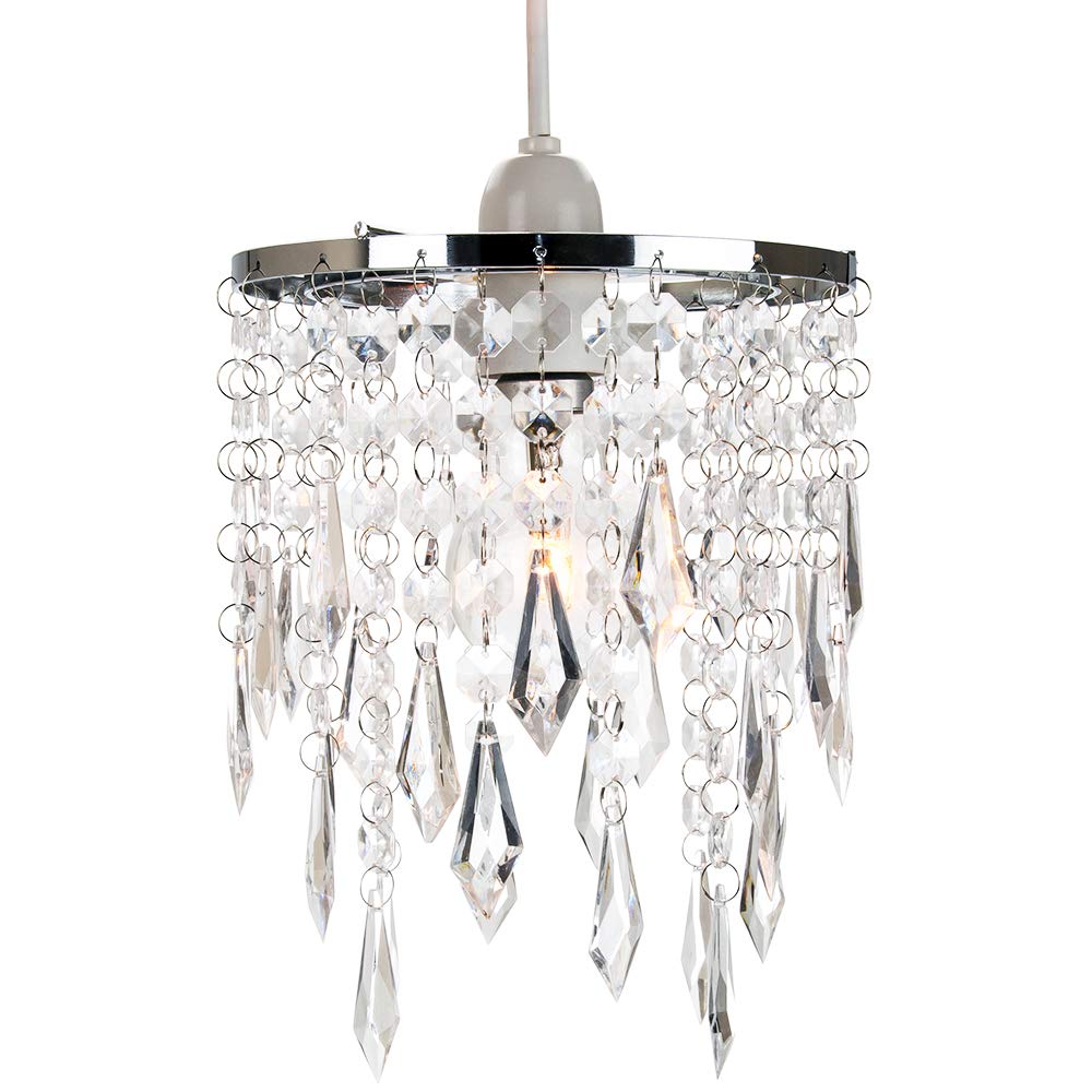 Modern Waterfall Design Easy Fit Pendant Shade with Clear Acrylic Droplets and Beads - Chrome Metal Rings - 16cm Diameter by Happy Homewares