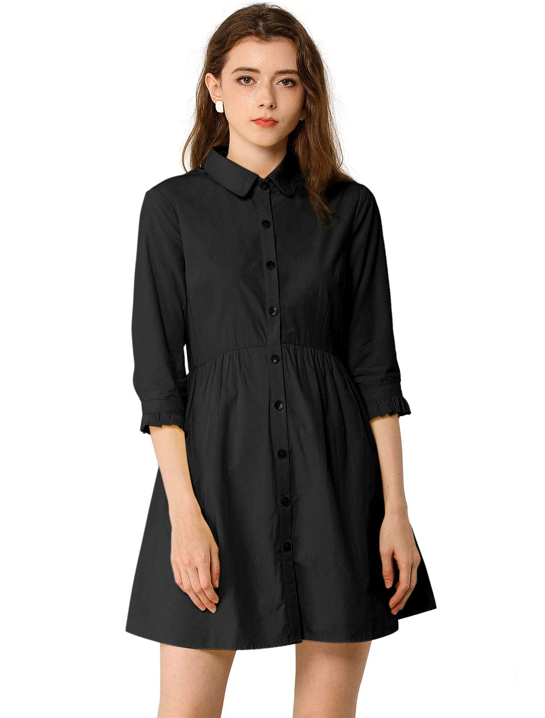 Allegra KWomen's Casual Shirt Dress Ruched 3/4 Sleeve Button Down Work Mini Dresses