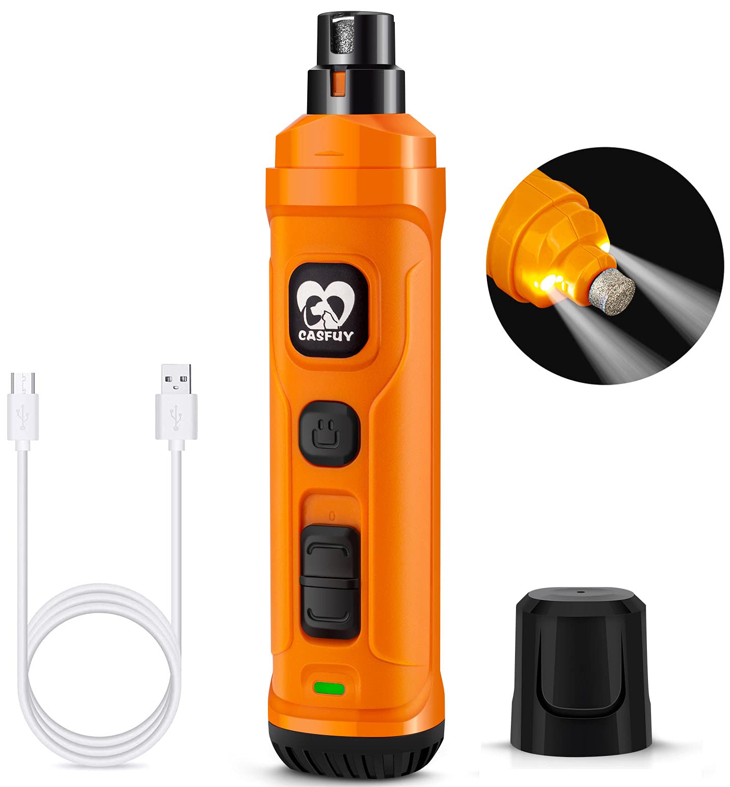 CasfuyDog Nail Grinder with 2 LED Light - New Version 2-Speed Powerful Electric Pet Nail Trimmer Professional Quiet Painless Paws Grooming & Smoothing for Small Medium Large Dogs and Cats (Orange)