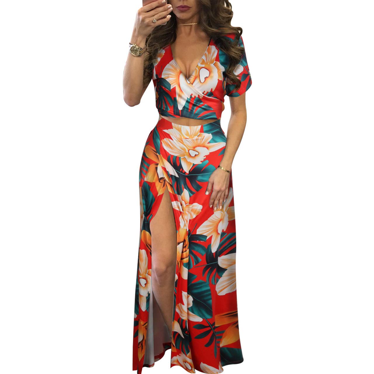 Two Piece Outfits for Women Summer-Floral Printed Crop Top Set+Split Beach Party Maxi Dress