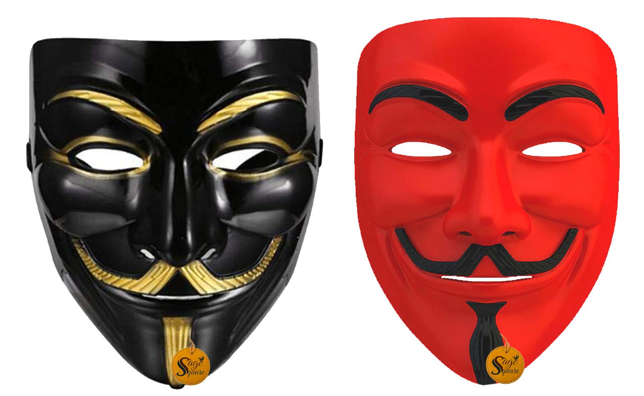 Sage Square Vendetta Comic FACE MASK Fawkes Mask Anonymous VIP Edition Face-Mask Perfect Fit Cosplay Protest V for Vendetta DC Comics (Red & Black) (Set)