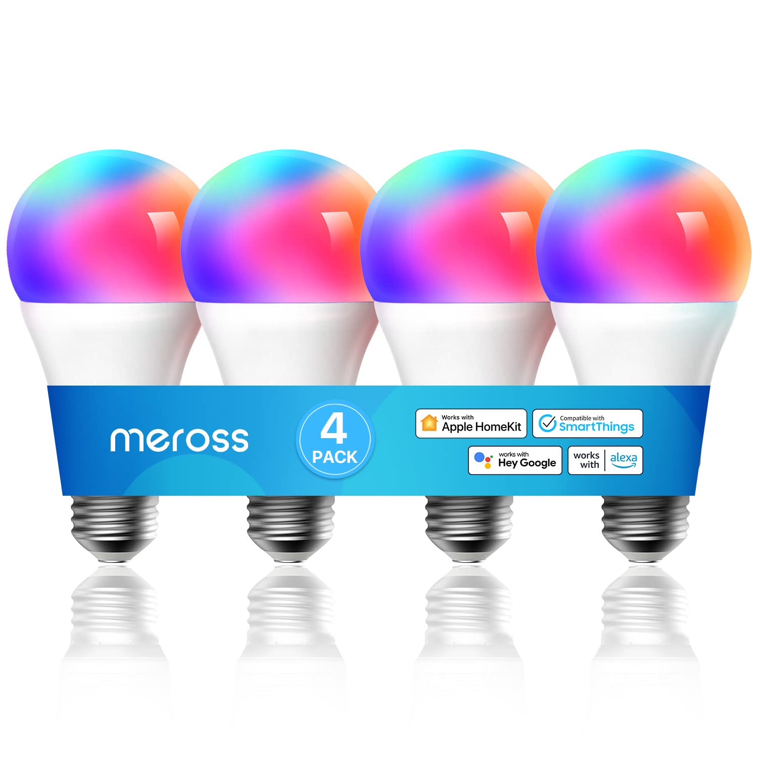 Meross Smart Bulb, 4 Pack LED Smart Light Bulb,Multicolor, with Timer, Compatible with Apple HomeKit, Alexa, Google Home and SmartThings, E27 2700K-6500K RGBWW Wi-Fi Dimmable Bulb