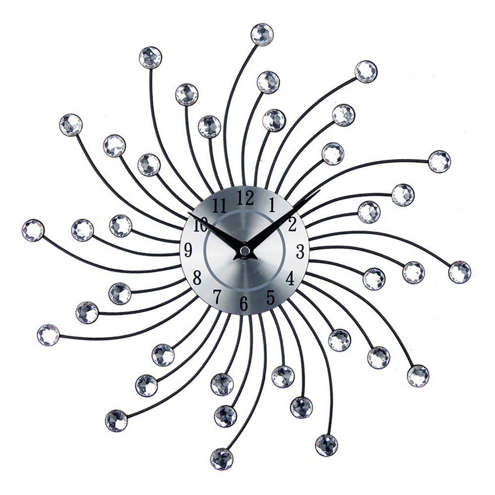 Najer 13 Inch Crystal Diamond Studded Wall Clock with Metal Needle and Silver Mirror Dial, Round Sunburst Design Mute Electronic Clock, Gift for Living Room Bedroom Office Home Decor (Style 3)