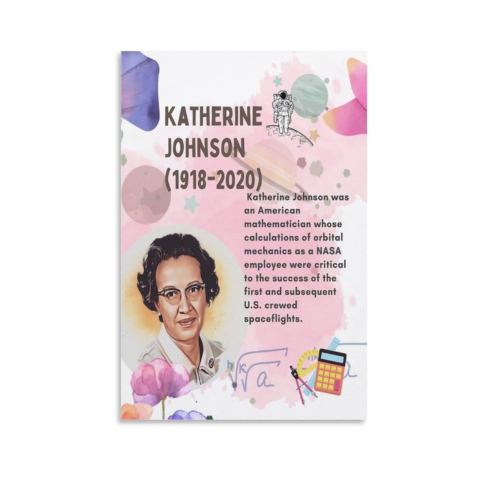 FGRID Katherine Johnson Poster,Great Women of Mathematics Classroom Poster Canvas Painting Posters And Prints Wall Art Pictures for Living Room Bedroom Decor 12x18inch(30x45cm) Unframe-style