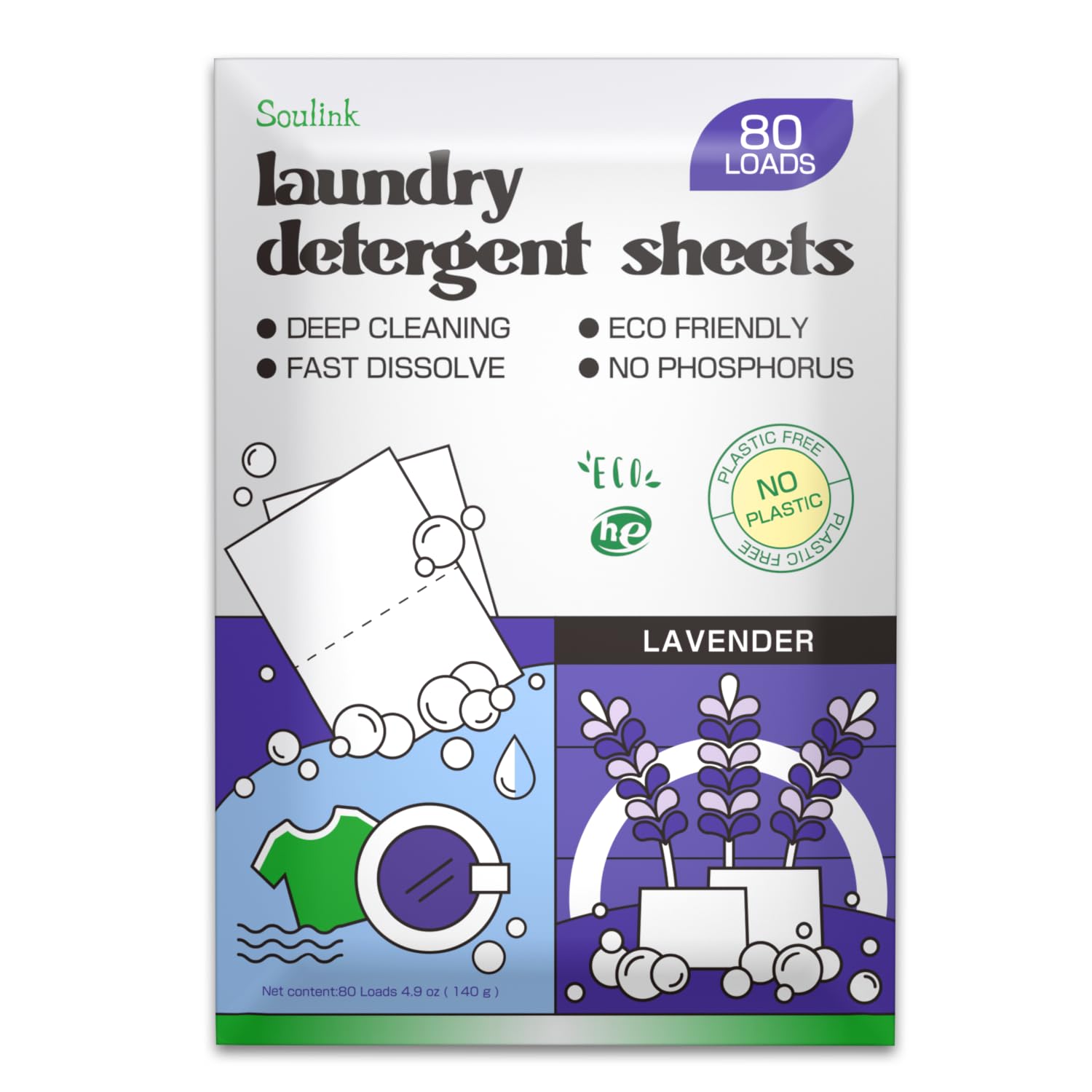 SoulinkLaundry Detergent Sheets Up to 80 Loads，Eco Friendly Detergent Sheets for Travel & Home - No Plastic Jug Liquidless Soap Strips, Plant-based, Hypoallergenic. Safe for Sensitive Skin (Lavender)