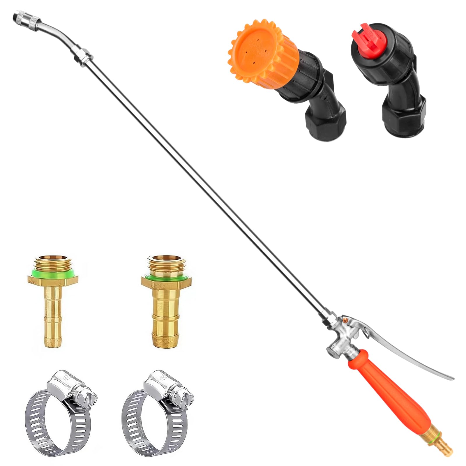 All Metal Sprayer Wand with 3 Types of Nozzles, Fan Nozzle Replacement Sprayer Wand, Stainless Steel Sprayer Wand with 1/4" & 3/8" Brass Barb and 2 Hose Clamps (3 Nozzles 29 Inches Sprayer Wand)