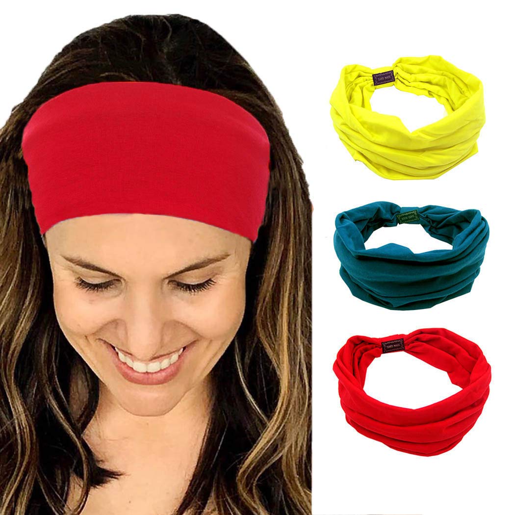 Woeoe African Workout Headbands Knotted Winter Hairbands Yellow Stylish Head Wraps Elastic Wide Head Scarfs for Women and Girls (Pack of 3)