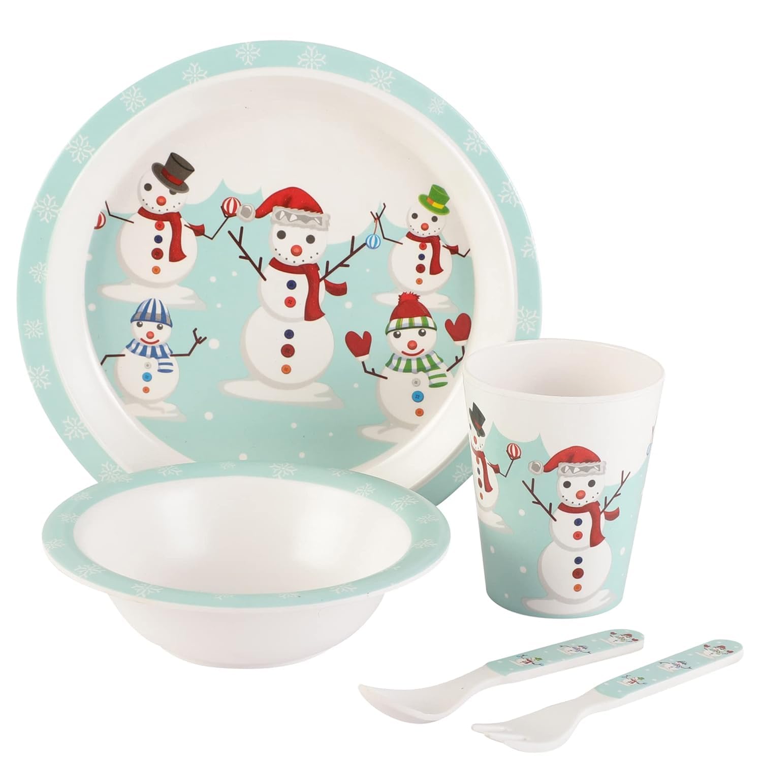 Voidrop-Melamine baby set-baby dinnerware-Children's Dinnerware Set Includes Plate, Bowl, Glaas, Spoon and Fork, Non-BPA, Made of Durable Material and Perfect for Kids (set of 5) Snow Man