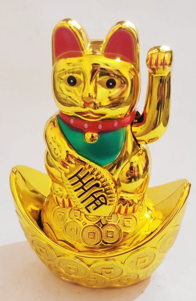 Money VASTU FENG Shui Collection fengshui Battery Operated Lucky Waving Cat On Gold Ingot 14cm | Golden Color | Waving Hand | Home Decor | for Health, Wealth & Prosperity