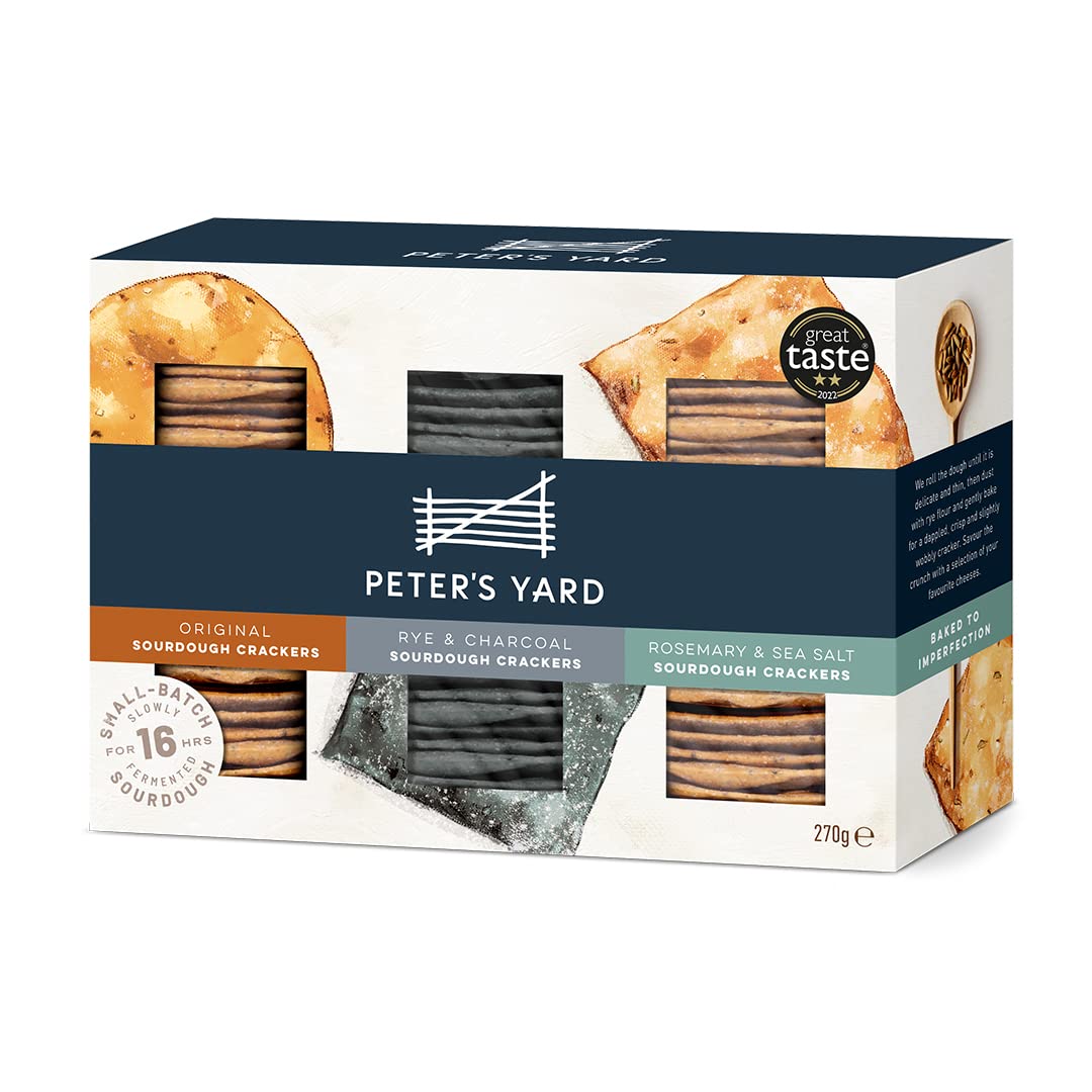 Peter's Yard Sourdough Crackers Selection Box for Cheese, 3 Varieties, Great Gift, Premium Quality, High Fibre, All Natural, Rosemary Charcoal, 270 g