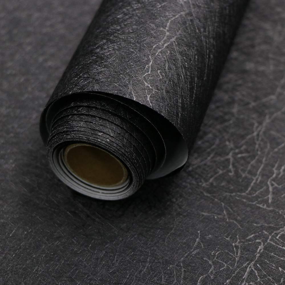 Abyssaly 23.6 inch X 196.8 inch Black Silk Wallpaper Embossed Self Adhesive Peel and Stick Wallpaper Removable Kitchen Wallpaper Vinyl Black Wallpaper Cabinet Furniture Countertop Shelf Paper