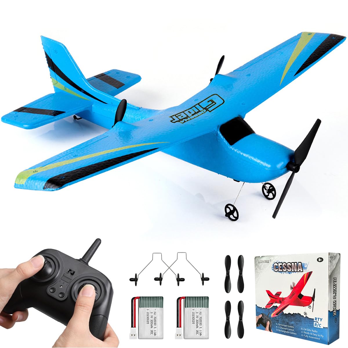 HAWK'S WORK 2 Channel RC Airplane, RC Plane Ready to Fly, 2.4GHz Remote Control Airplane, Easy to Fly RC Glider for Kids & Beginners (Blue)