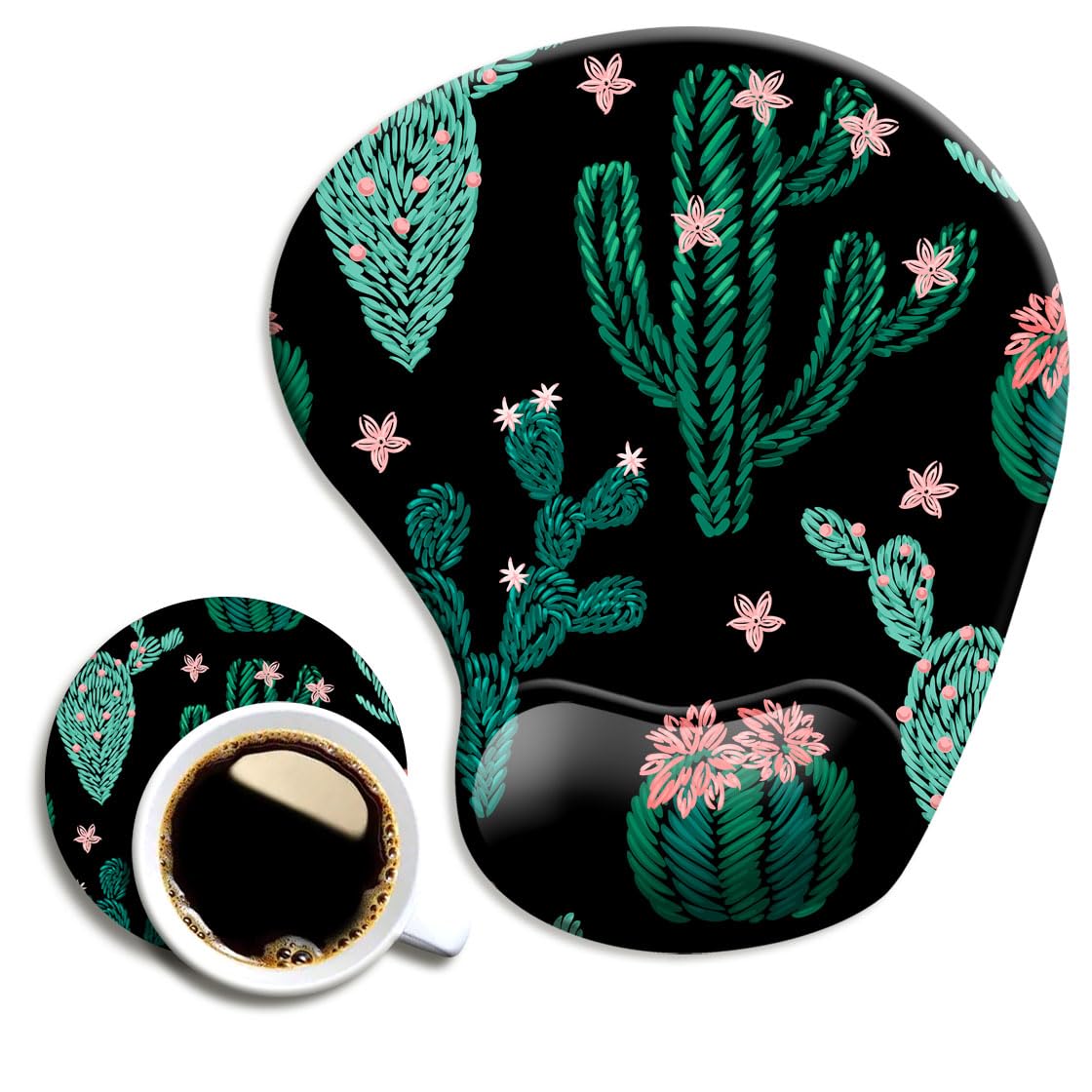 DOOKE Ergonomic Mouse Pad with Wrist Support and Coaster,Mouse Pads with Non-Slip PU Base for Home Office Working Studying Easy Typing & Pain Relief Cute Cactus