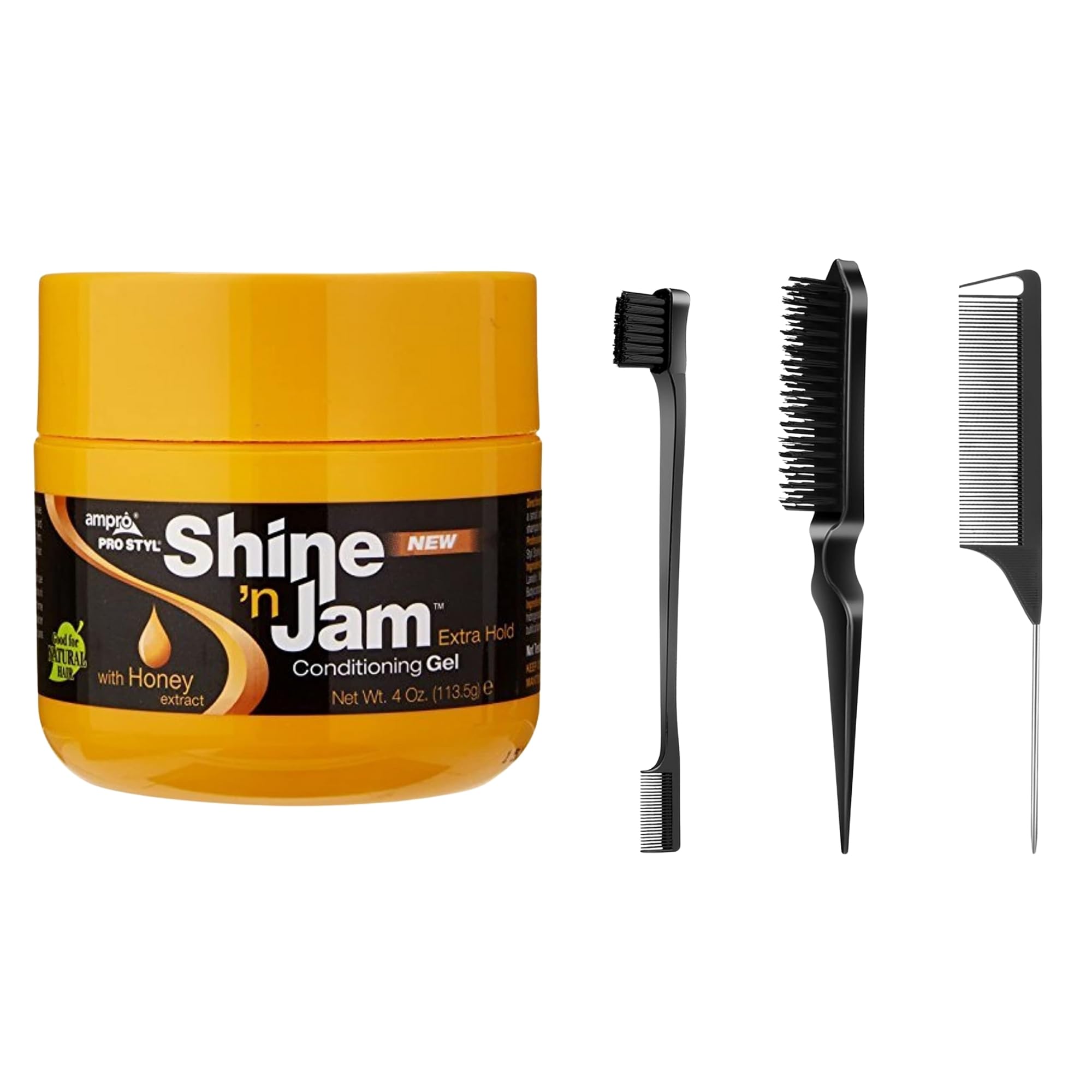 Shine and Jam Hair Gel & 3 Pcs Slick Back Hair Brush Set – Professional Hair Gel for Sleek Hairstyles & Edge Control Tools