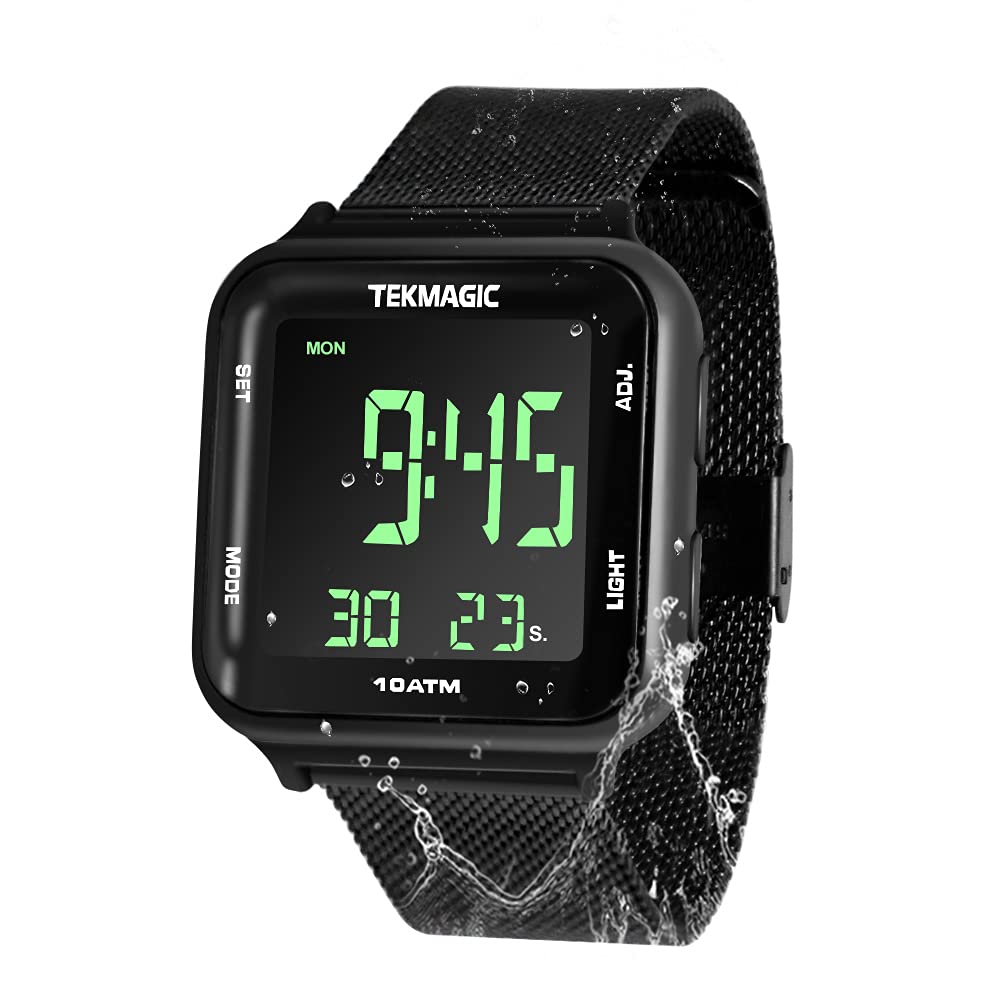 TEKMAGIC 10 ATM Waterproof Digital Watch with Stainless Steel Wristband Support Swimming Diving Wear 100m Underwater, Alarm Clock, Chronograph, Timer, Countdown, Dual Time Zone, 12 or 24 Hour Format