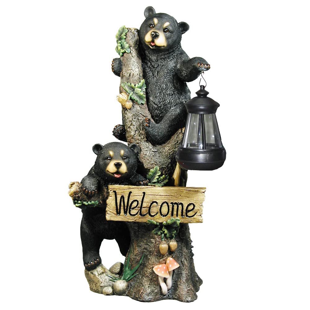 DWK Twin Bears Climbing a Tree Outdoor Home Porch Sign and Solar LED Light Lamp | Front Porch and Yard Decor | Bear Statues Home Decor and Farmhouse Gifts - 18"