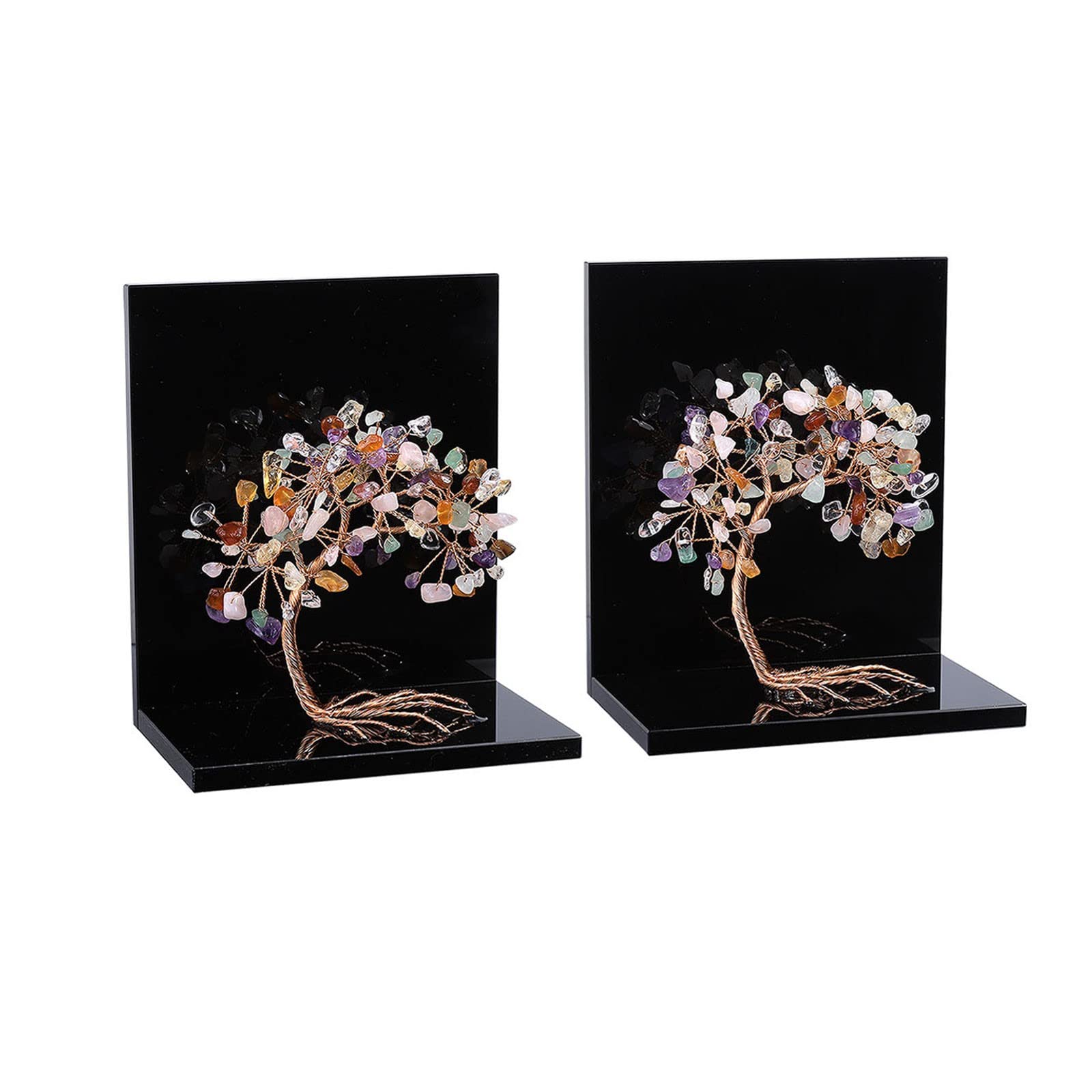 SUNYIK 2PCS Acrylic Rainbow Crystal Money Tree Bookend for Shelves Handmade Tree of Life Book Shelf Decorative Book Ends for Heavy Books Office Home