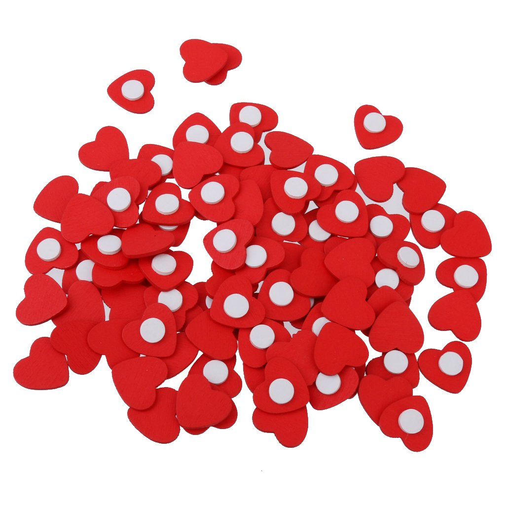 Magideal 100Pcs Wooden Red Heart with Tape for DIY Craft Decoration