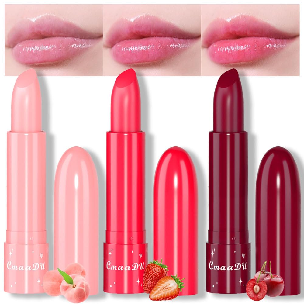 evpct 3Pcs Peach Black Red Cherry Strawberry Tinted Lip Balms PH Lip Color Changing Lipstick Stain Set Queen for Women Girls Korean Mood Long Lasting Color Change Light Pink Lipstick Lip Tint Gloss