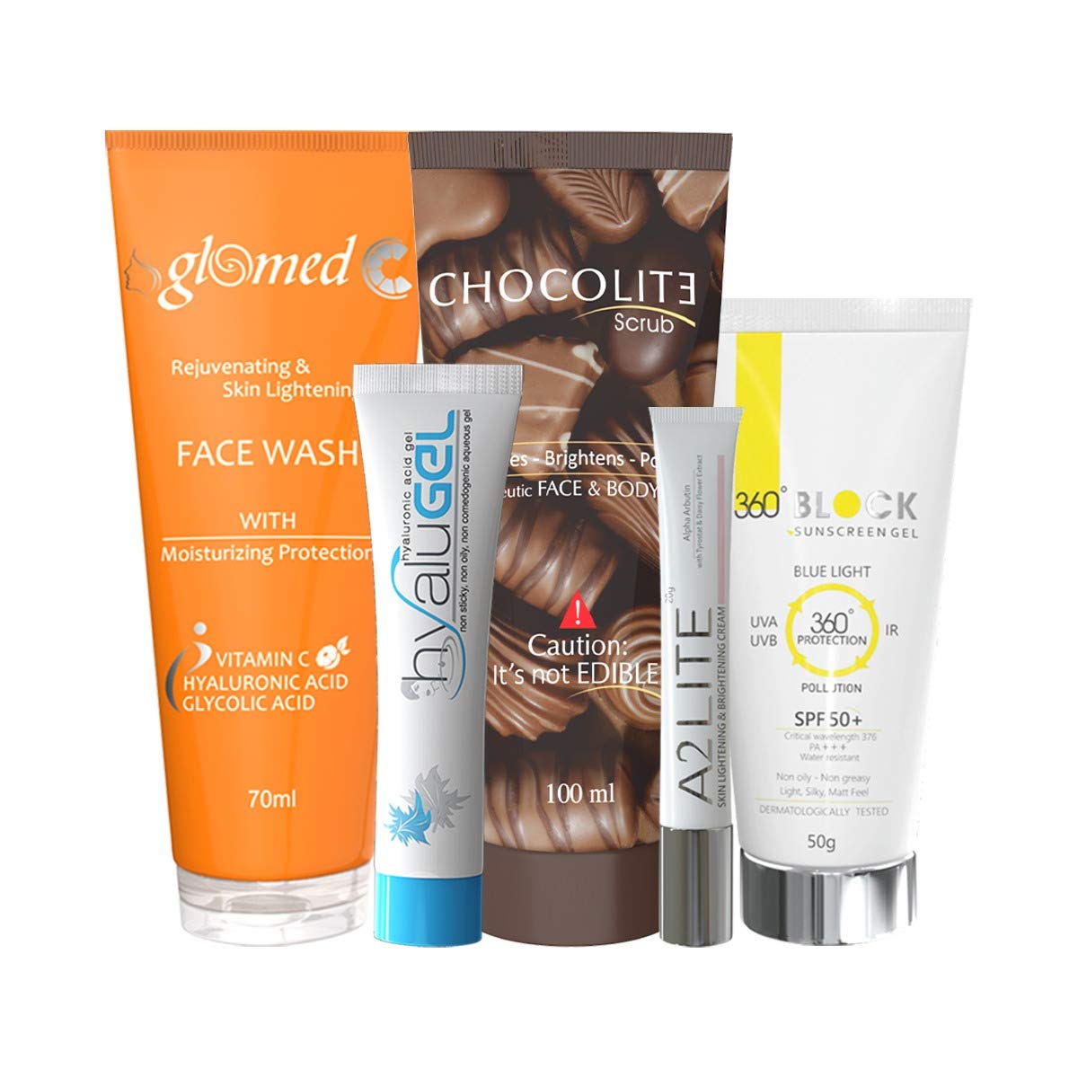 IDEAL SKINCARE KIT FOR HYPERPIGMENTATION & UNEVEN SKIN TONE : Glomed C Face Wash 70ml,Chocolite scrub 100ml, Hyalugel 30GM,360 Block Sunscreen Gel 50Gm and A2Lite Cream