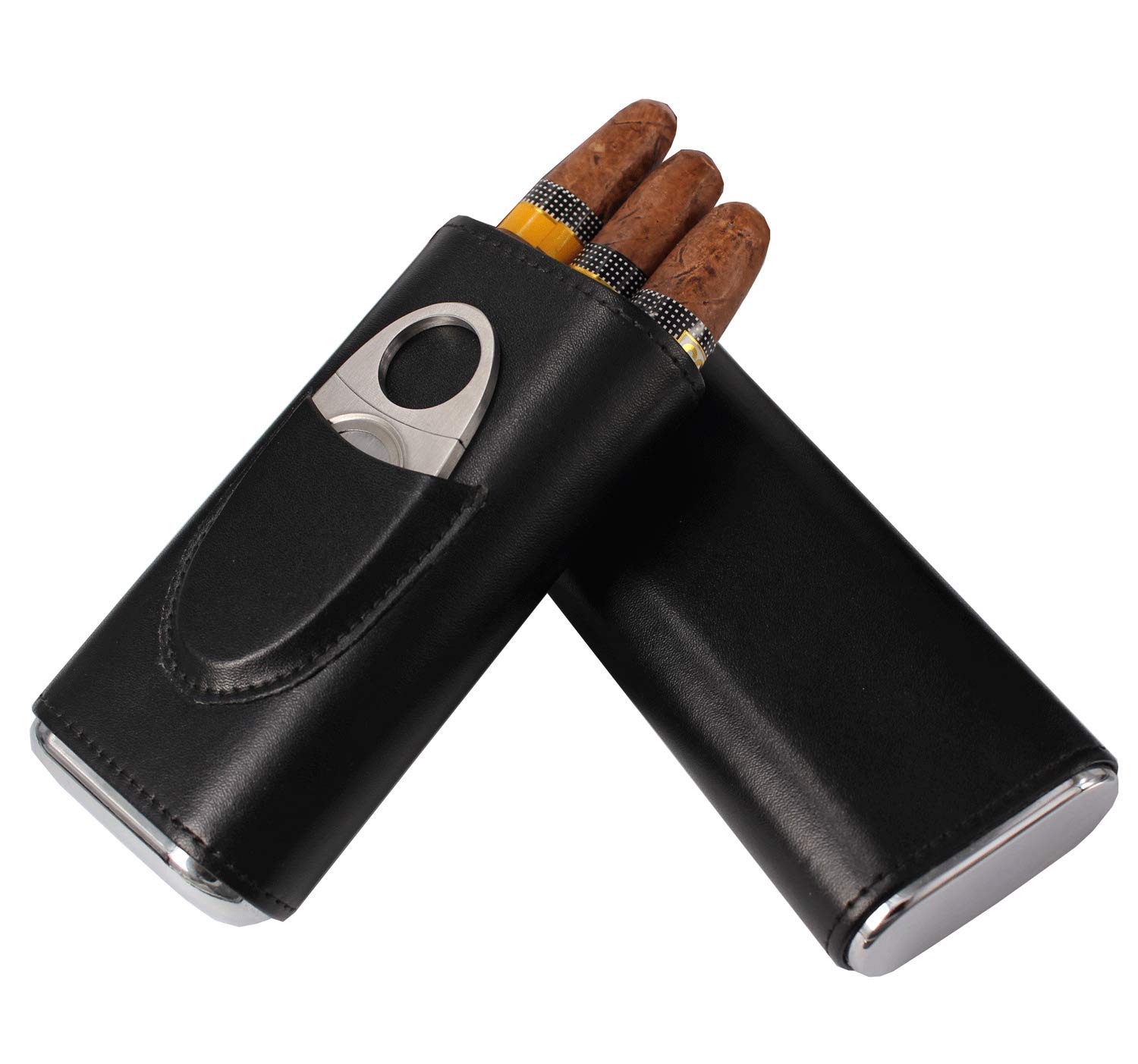 AMANCYClassic Black Leather 3 Fingers Cigar Case with Cedar Wood Lining,Silver Stainless Steel Cutter Contained