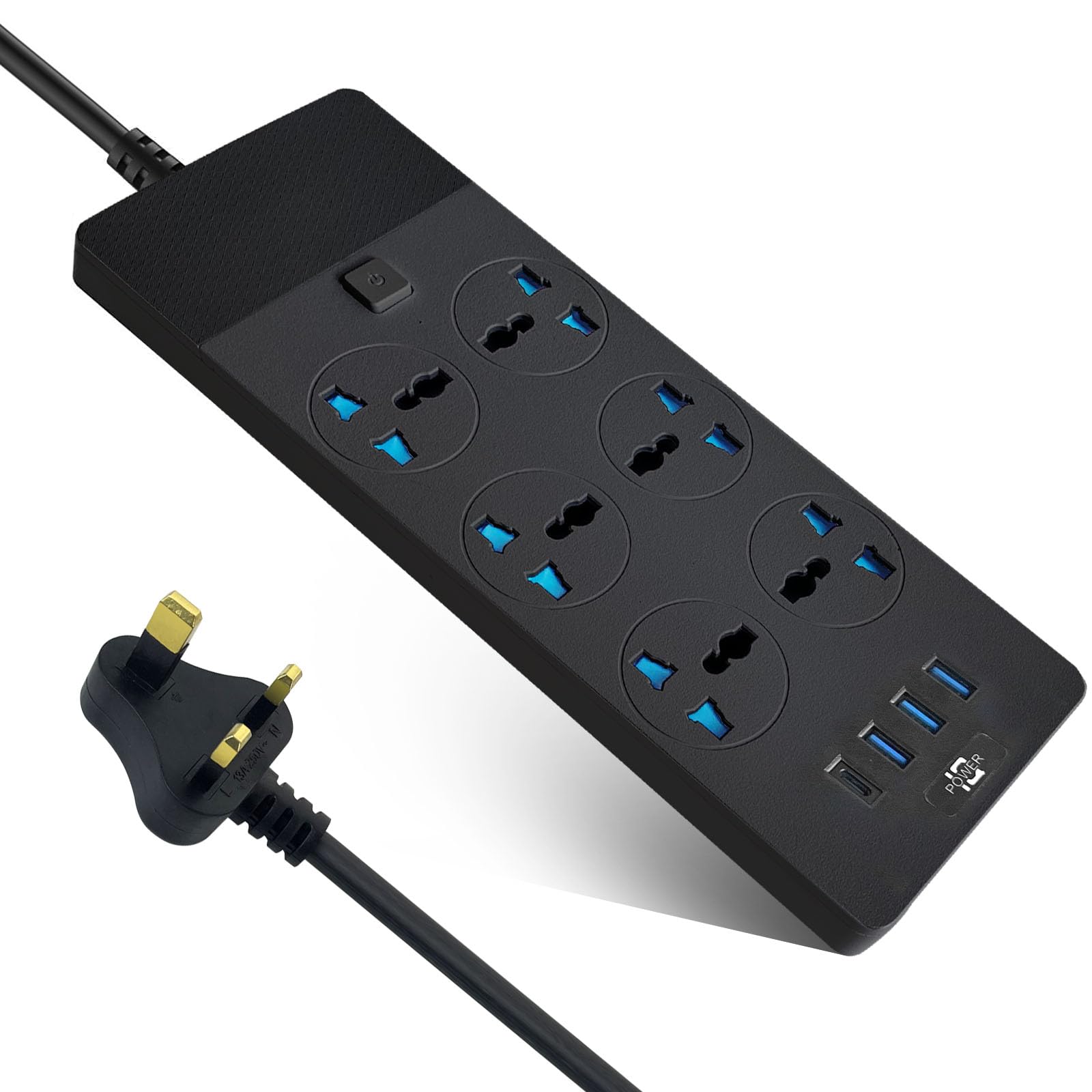 SKY-TOUCH Power Strips Extension Cord 6 Outlets, UK Plug Universal Plug Adapter with 3 USB & 1 Type-C Ports Surge Protector, Charging Socket with 2M Bold Extension Cord (Black)