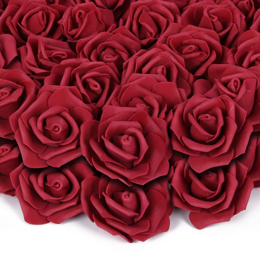 INSUNSIX 200pcs Burgundy Artificial Foam Rose Flower Head, 3-Inch Fake Flower Heads Stemless Rose Flowers Bulk for DIY Crafts,Wedding Bouquets Party Baby Shower Home Decor (Burgundy)