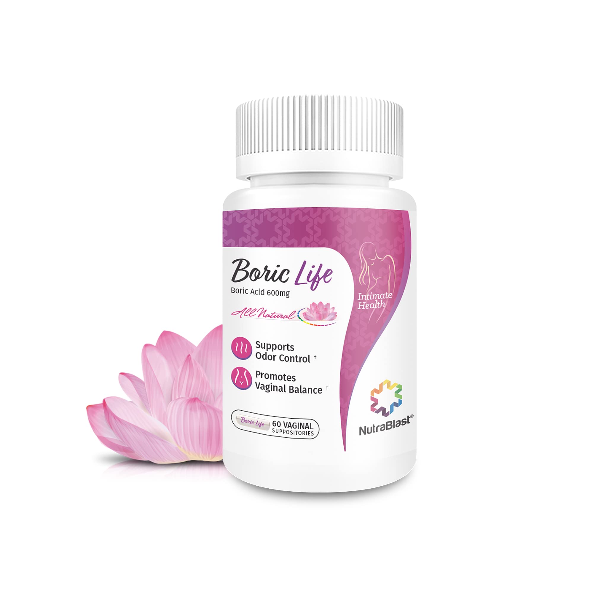 NutraBlast Boric Acid Vaginal Suppositories - 100% Pure Made in USA - Boric Life Intimate Health Support (60 Count)