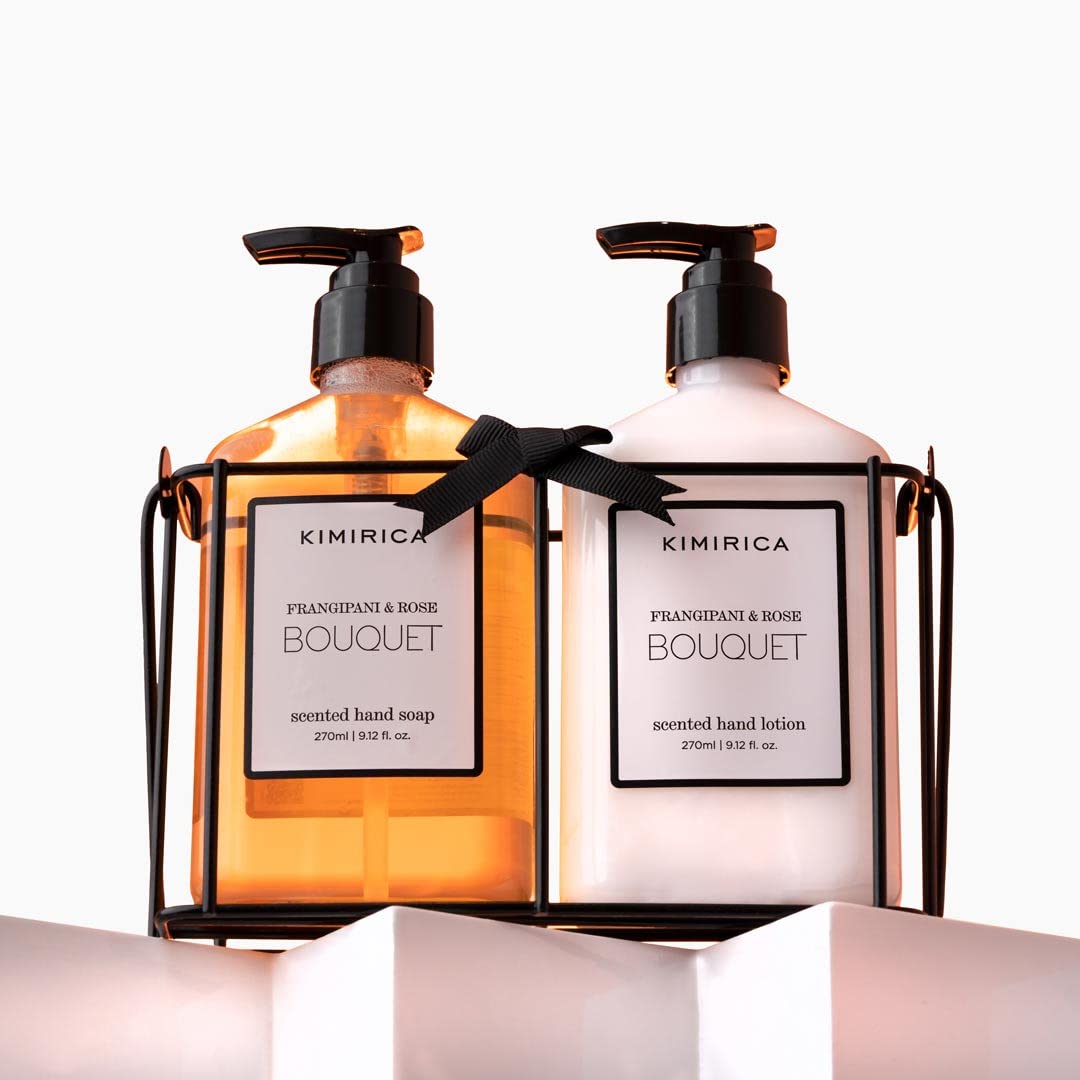 KimiricaBouquet Hand Wash Hand Lotion Duo set with Metal Caddy | Goodness of Frangipani and Rose, Gifts for Women & Men | Luxury Gift Hamper with Premium Packaging (270ml X 2)