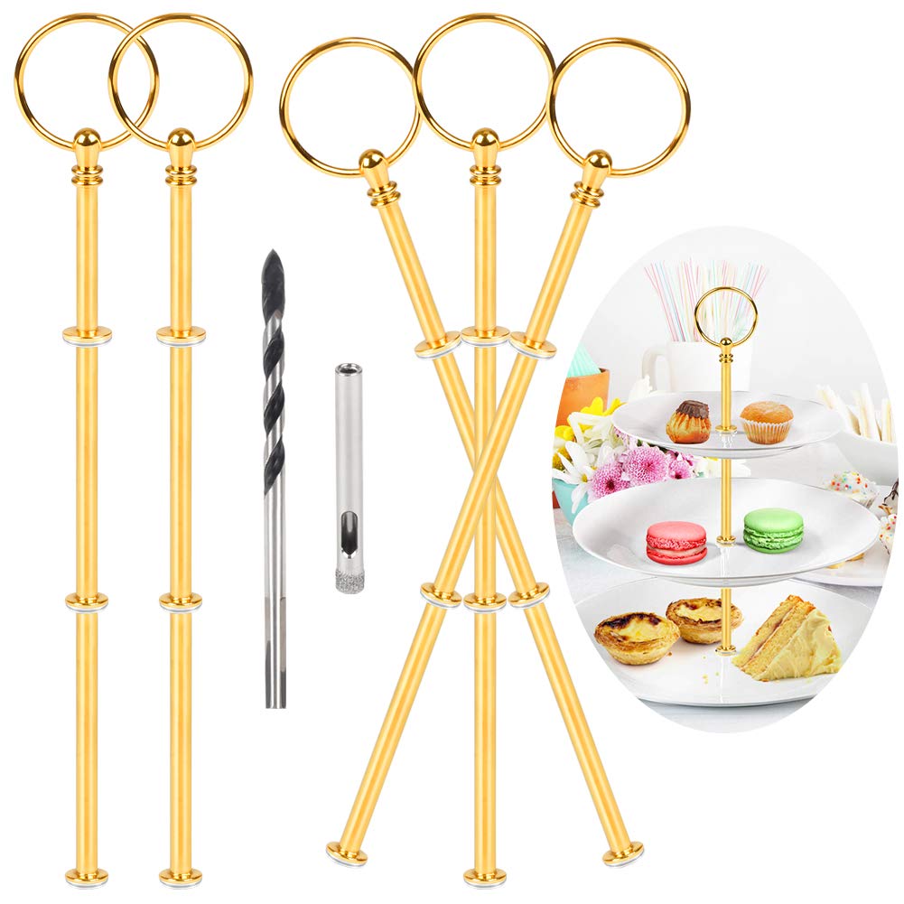 SinoeemPack of 5 Cake Stands Set Metal Rods Gold Rods Cake Stand Kit Rod with Drill for Buffet Cake Stand Centre Hole Cake Stand