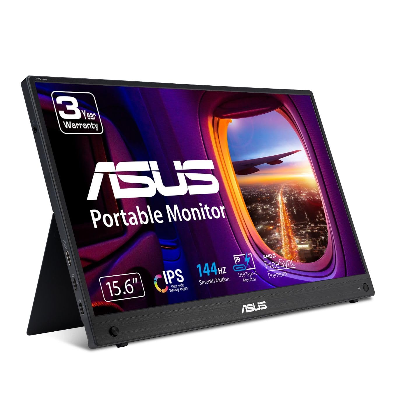 ASUS ZenScreen MB16AHG portable monitor — 15.6-inch FHD (1920 x 1080), IPS, 144Hz, USB-C, Mini-HDMI, Freesync Premium™, Ergo kickstand, Tripod socket, Flicker Free, Low Blue Light