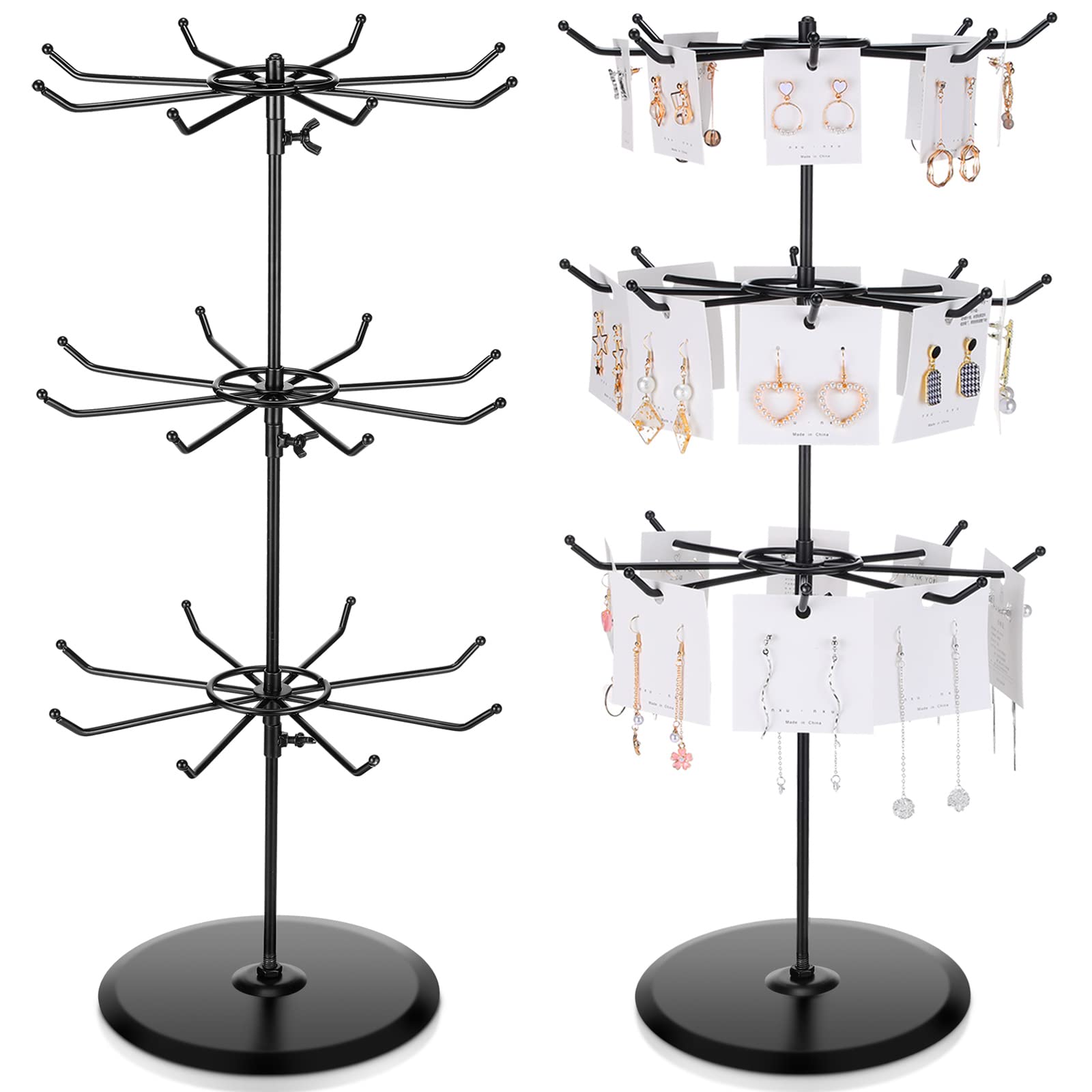 2 Pieces Retail Display Stands 3 Tiers Jewelry Spinner Display Racks Countertop Rotating Keychain Earring Necklace Stands Heavy Duty Adjustable Vendor Supplies for Exhibition Store Showrooms(Black)