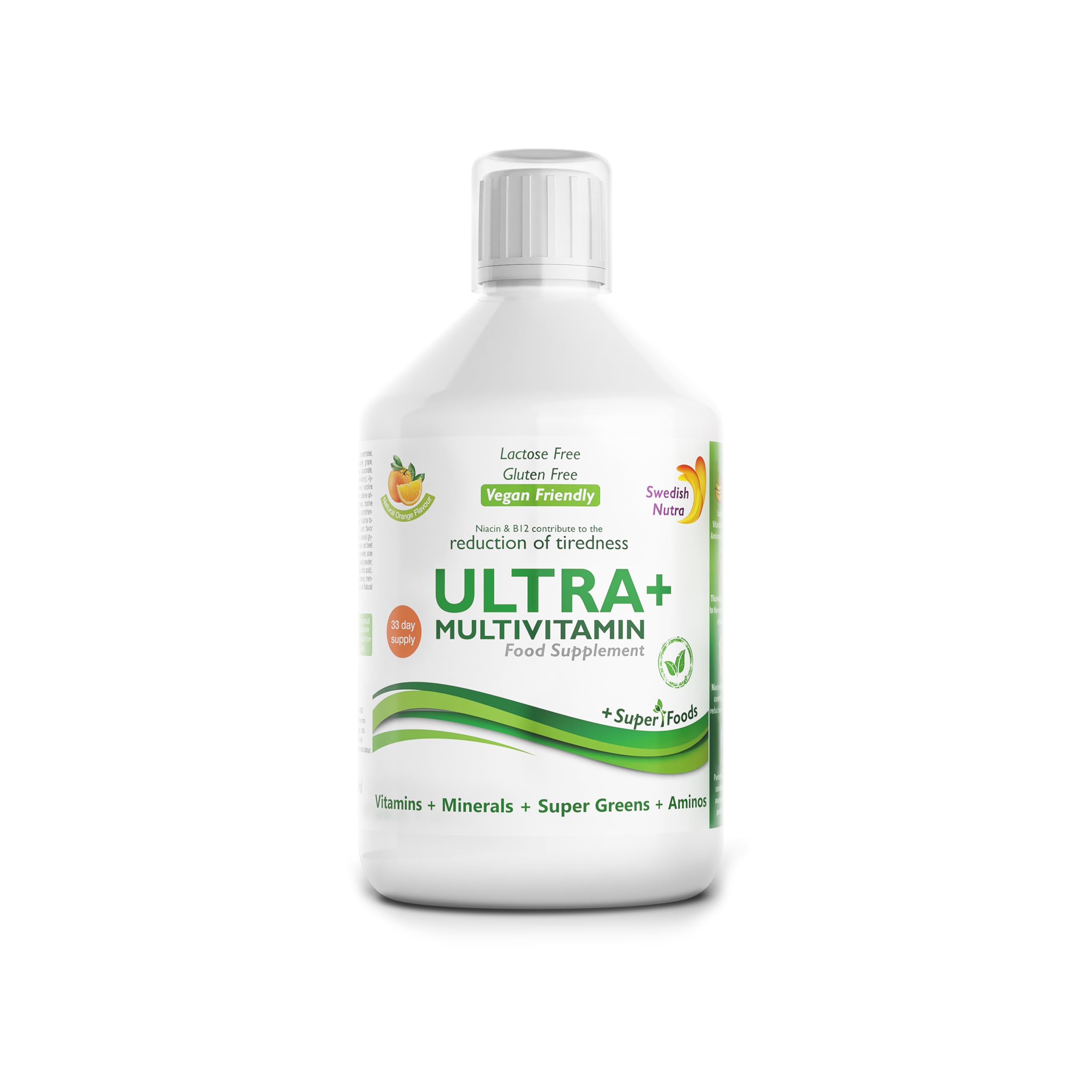 Swedish Nutra - Liquid Vegan Ultraplus Multivitamin - Pack of 500ml, 33 Day Supply I Energy & Immune Boost