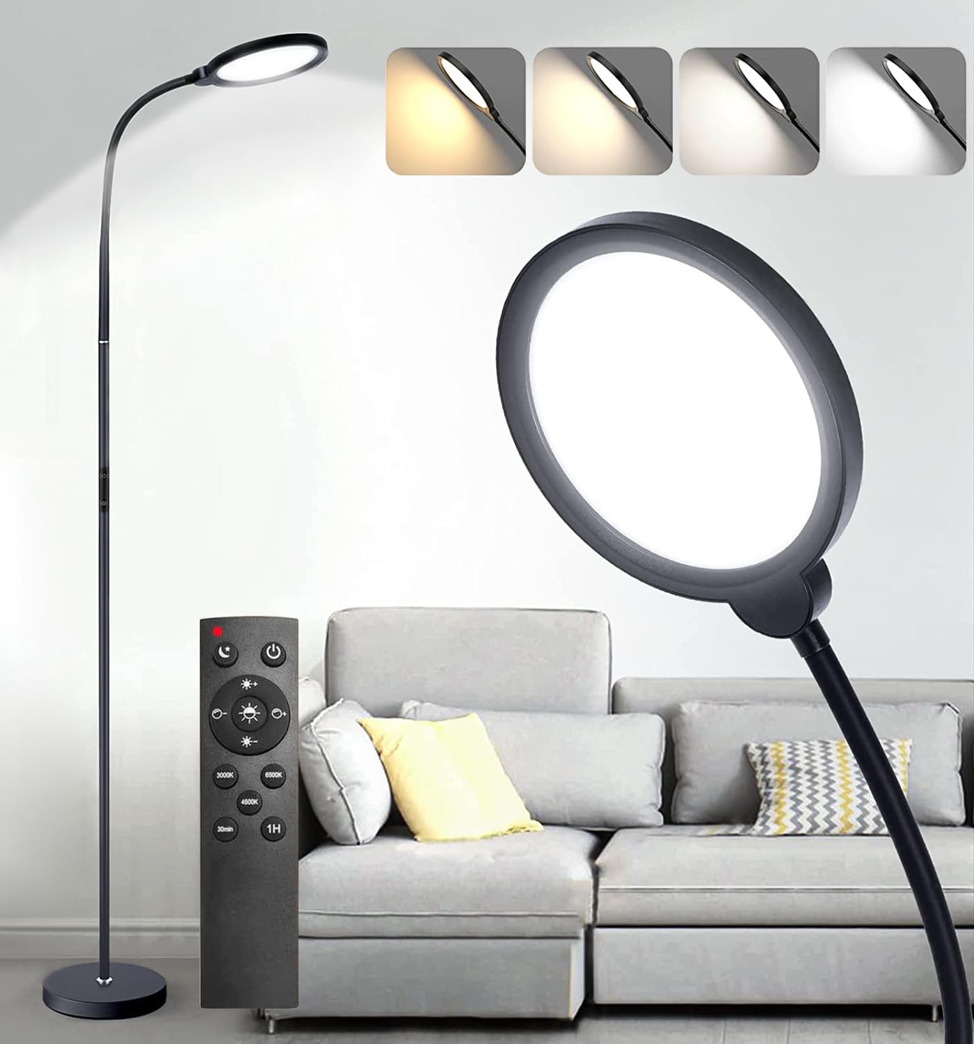 LED Floor Lamps for Living Room,Standing Lamp with Remote Push Button and Adjustable Gooseneck,Bright Dimmable,Custom Color Temperature Reading Lamp for Bedroom Office