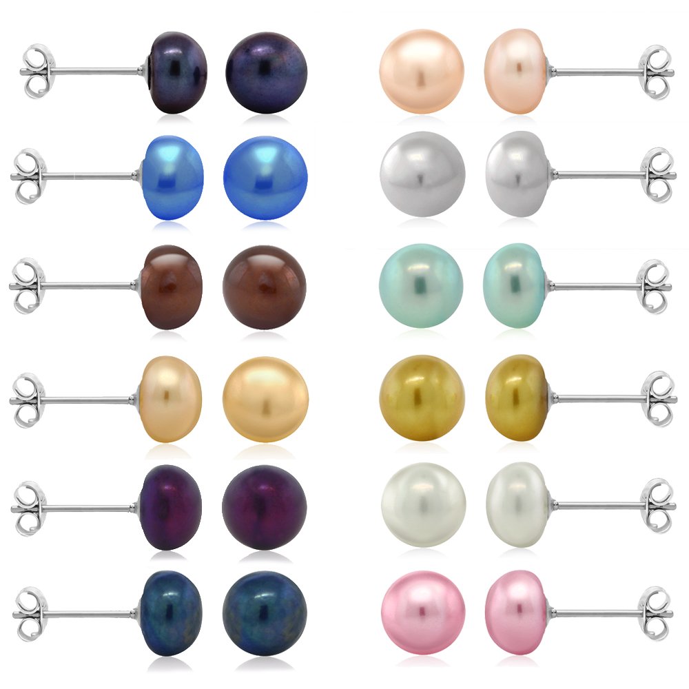 Gem Stone King Set of 12 Cultured Freshwater Pearl Stud Earrings with Sterling Silver Posts