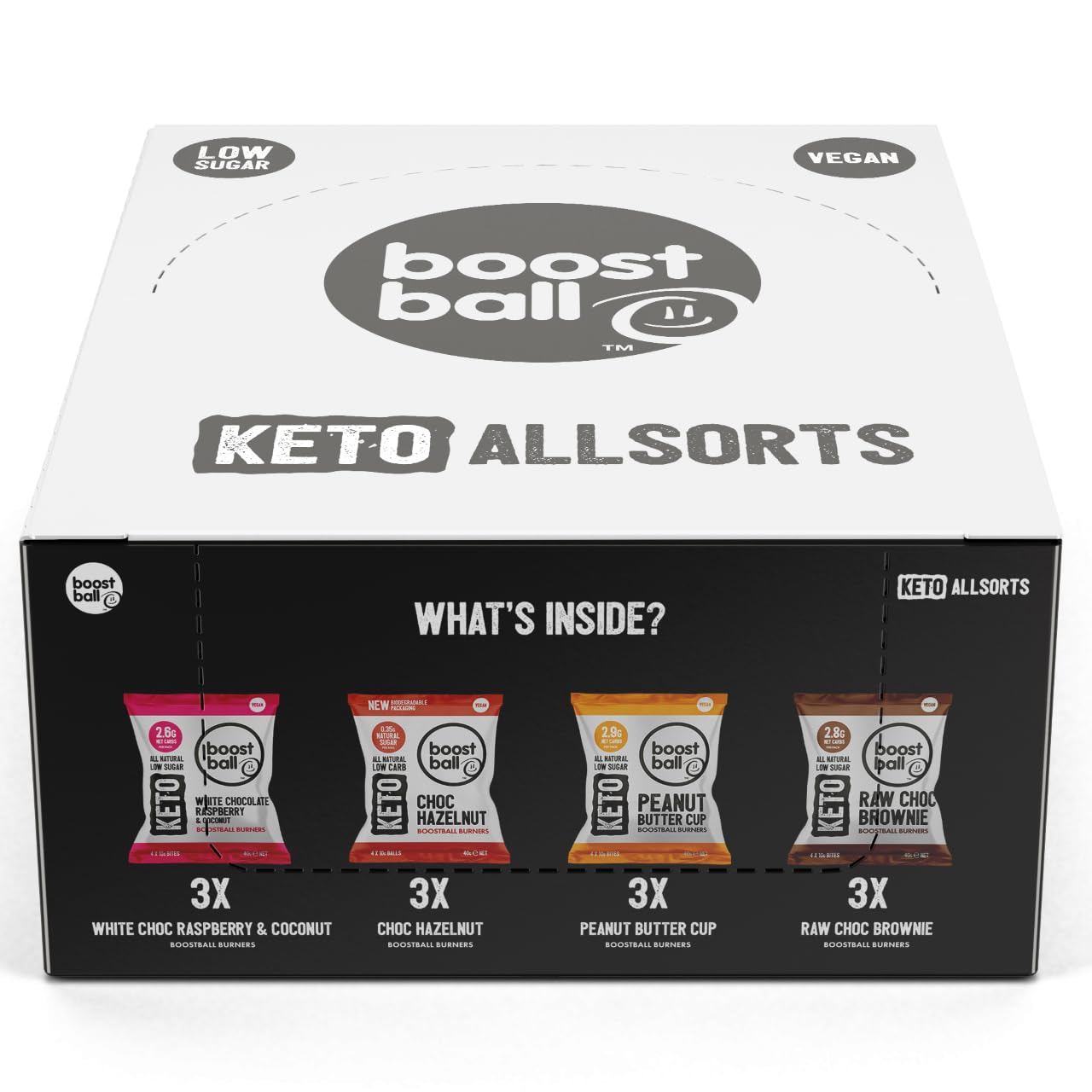 Boostballs Keto Snacks, 12 Pack Mixed Variety Bites, Low Carb & Sugar, Vegan, Gluten Free, 100% Natural, 4 Flavours Pack of 12 x 40g