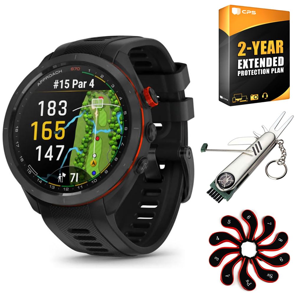 GarminApproach S70 42 mm Premium GPS Golf Watch, Black Band (010-02746-02) Bundle with 2 YR CPS Enhanced Protection Pack, Deco Gear 7-in-1 Golf Tool and Iron Head Covers Set