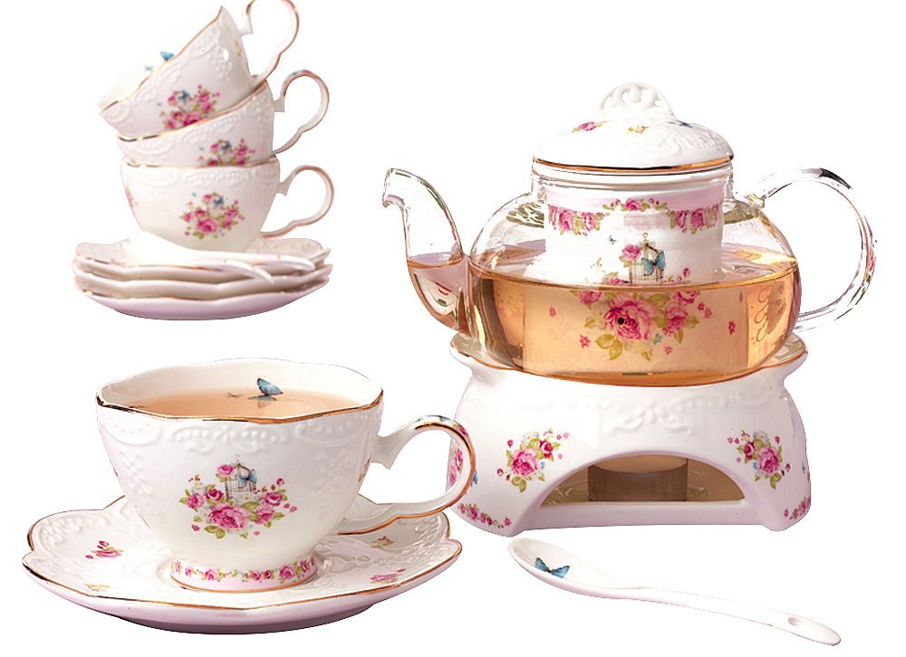 Jusalpha Fine China Porcelain Coffee Cups Flower Series Teacup Saucer Spoon with Teapot Warmer & Filter, 16pcs in 1 set (16pcs set)