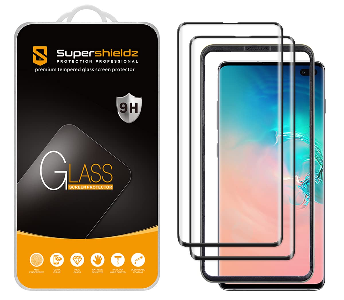 Supershieldz(2 Pack) Designed for Samsung (Galaxy S10 Plus) Tempered Glass Screen Protector with (Easy Installation Tray), (Full Cover) (3D Curved Glass) Anti Scratch, Bubble Free (Black)