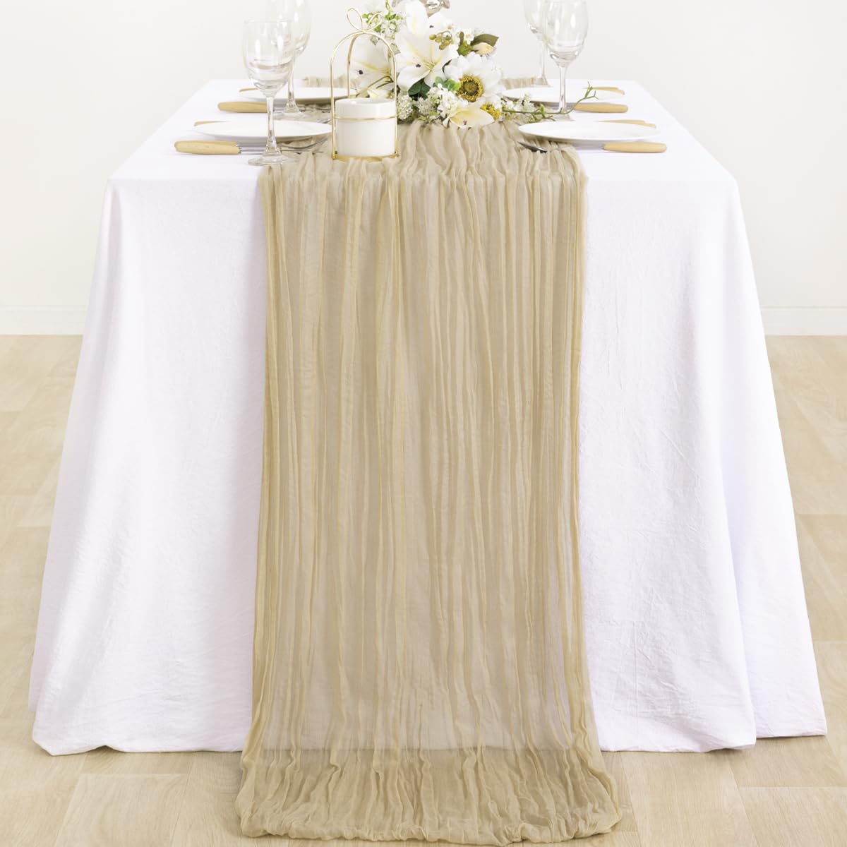 MLMC Sand Cheesecloth Table Runner 10ft Rustic Wrinkled Gauze Boho Table Runner 35x120 Inches for Thangksgiving Christmas Wedding Baby Shower Fall Decor