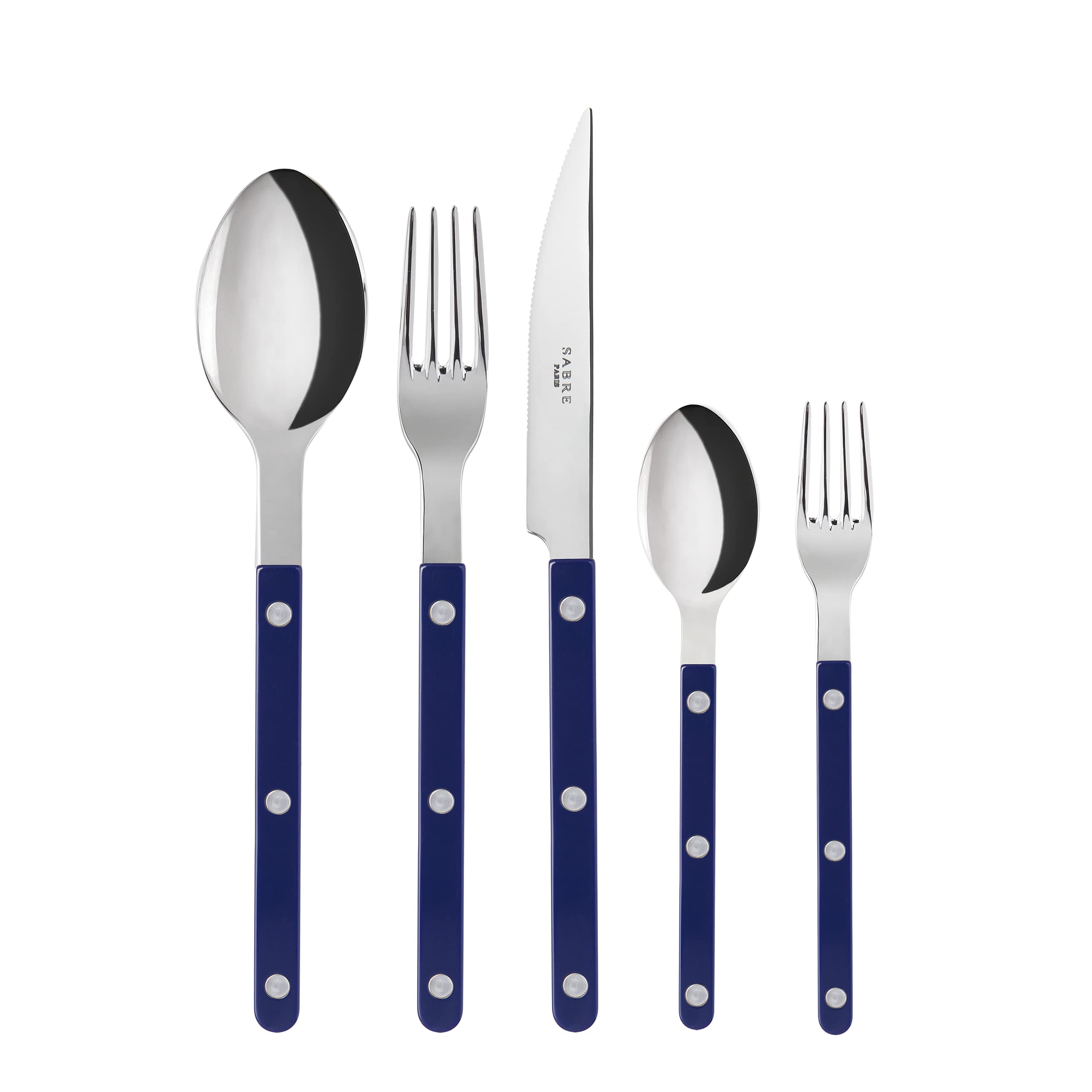 SABRE PARIS - Cutlery set 5 pieces - Bistrot - Knife, Fork, Tablespoon, Teaspoon & Cake Fork - Stainless Steel & Nylon - Dishwasher Safe - Navy Blue