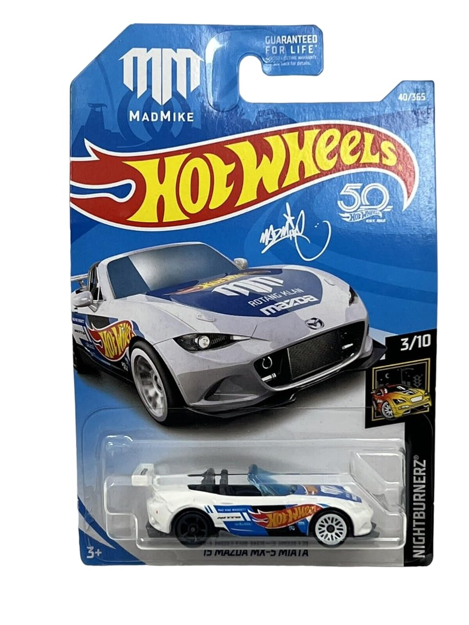 MattelHot Wheels 2018 50th Anniversary Nightburnerz 15 Mazda MX-5 Miata (Mad Mike) 40/365, White