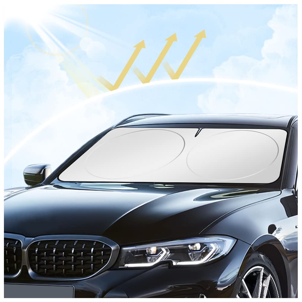 240T Thickened Titanium Silver Cloth Car Sun Visor,UV-Blocking&Heat-Insulating Sunshade for Automotive Glass to Protect Car Interior,Suitable for Cars, Trucks, SUVs (L(63 * 33.5 inch))