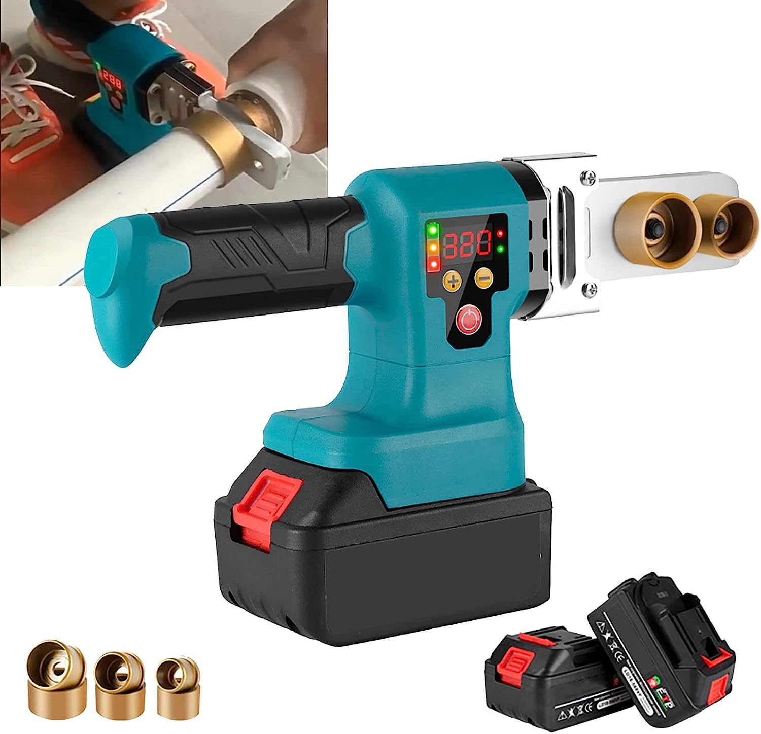 Plastic Pipe Ironing Welder with Two Quick Release Lithium Batteries, Cordless Handheld Socket Fusions Welder Kit, Rechargeable PPR Pipe Welding Machine with 3 Die Heads