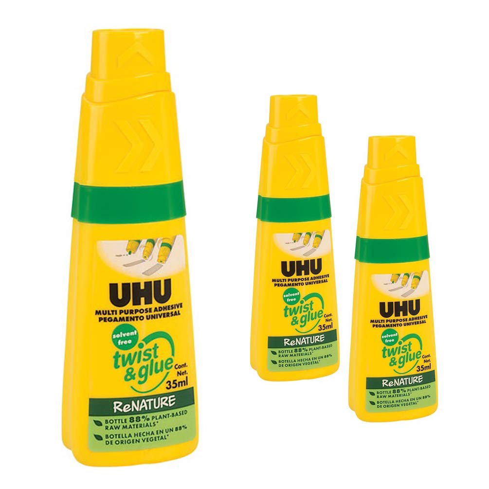 3 x UHU Twist & Glue Universal, Clear, Solvent-Free Adhesive, 35ml Bottle, Multi Purpose Applications for Home & Classrooms