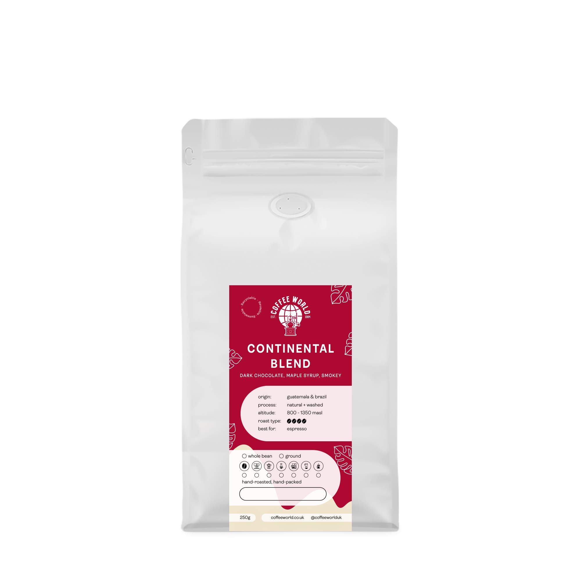 Coffee WorldContinental Blend UK Roasted Whole Coffee Beans - Perfect Brewing for Home Users or Small Café - 250g Resealable Bag/Pouch