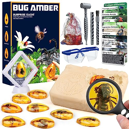 Amber Dig Kit - Insects in Resin, 8 Insects Specimens Excavation Kit, Gemstone Bugs for Kids, Fossil Bug Toys Dig Kits for Bugs Collection, Insect Toys for Boys Girls 6 and up Year Old Birthday Gifts